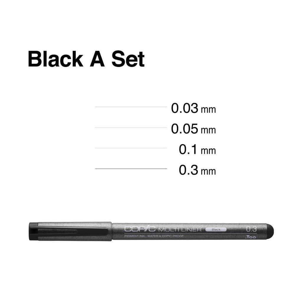 Copic Multiliner 4pc Black Fine Nib Set A [0.03/0.05/0.1/0.3mm] Waterproof Pen