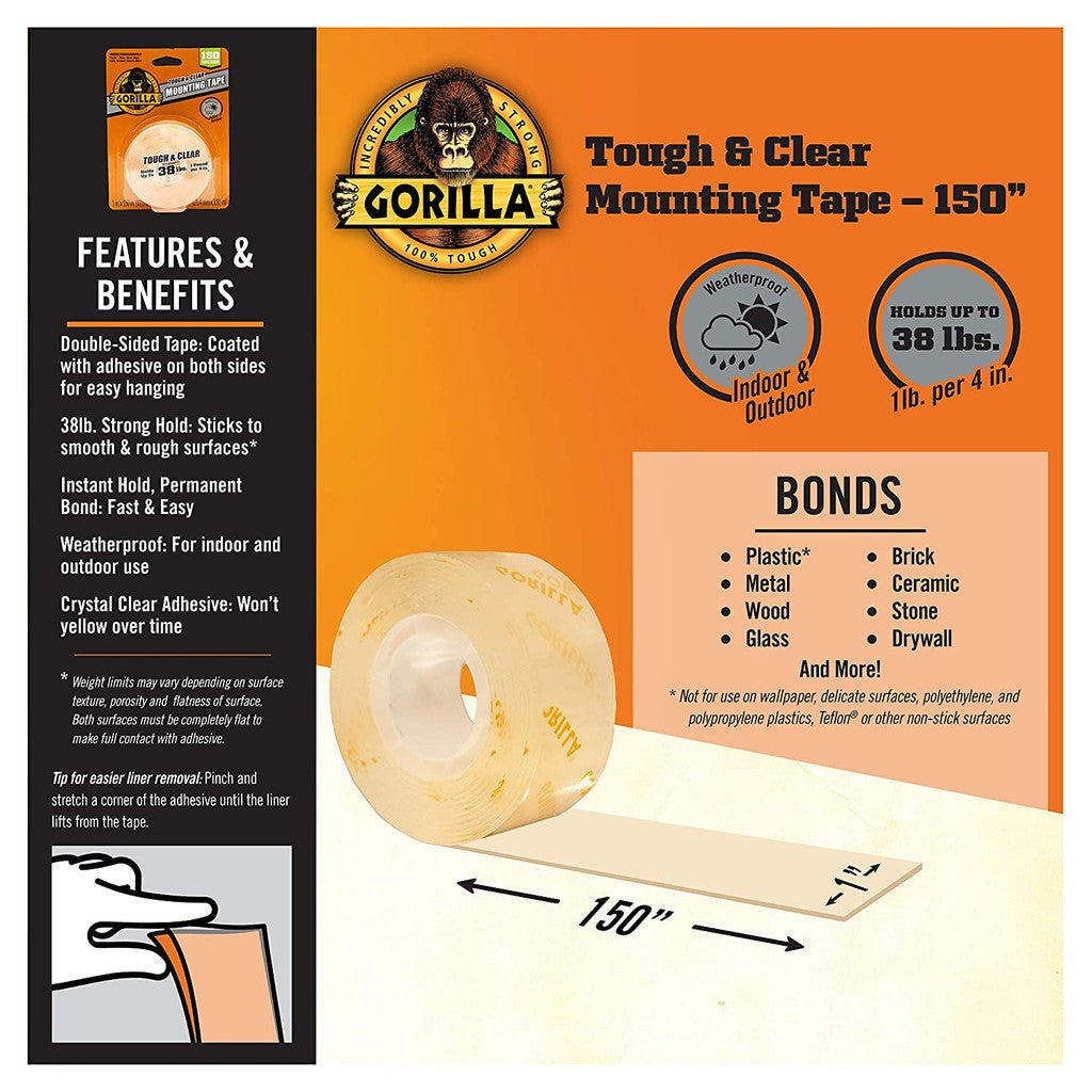 Gorilla 150" Tough & Clear Clear Double-Sided Mounting Tape – Industrial Strength, Weatherproof Bond