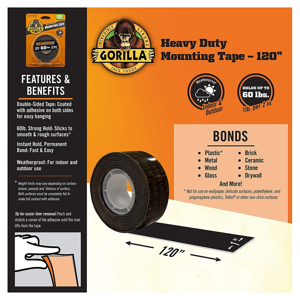 Gorilla Heavy Duty 120" Black Double-Sided Mounting Tape – Industrial Strength, Permanent