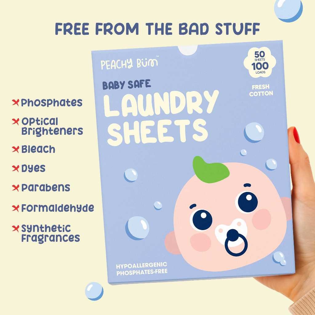 Baby Safe Laundry Sheets by Peachy Bum [Pack of 10/50] Safe for Sensitive Skin & Phosphate-Free