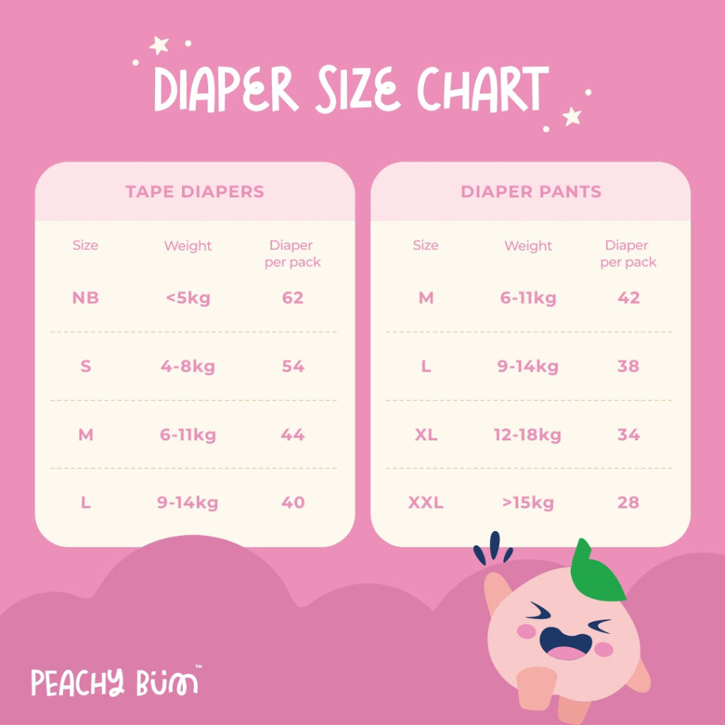 Soft Tape Diapers by Peachy Bum (Size New Born/ S - L) 40 - 62 Diapers per Pack