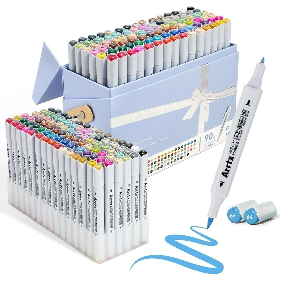 Arrtx 90 Colors Alcohol Markers Set (Dual Tip Brush & Fine Tip with Carry Case)