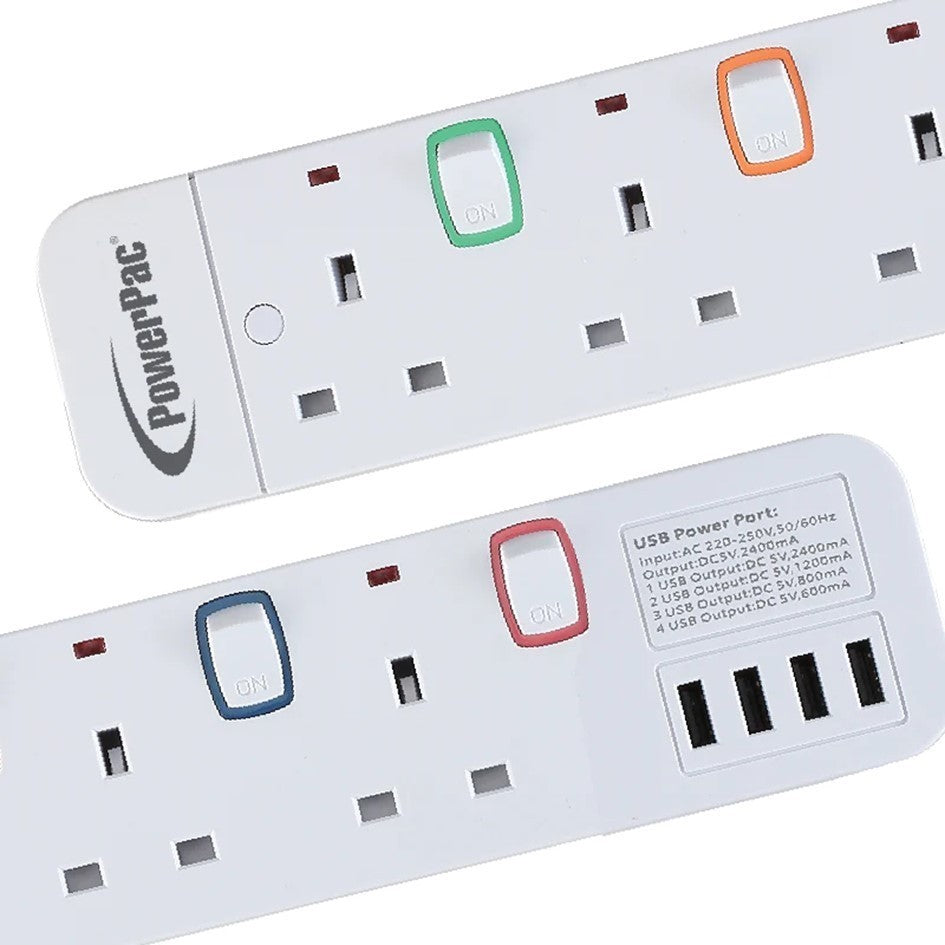 PowerPac 3 Meters Extension Wire Socket 3-6 Way | 4 USB Ports | Safety Mark Certified