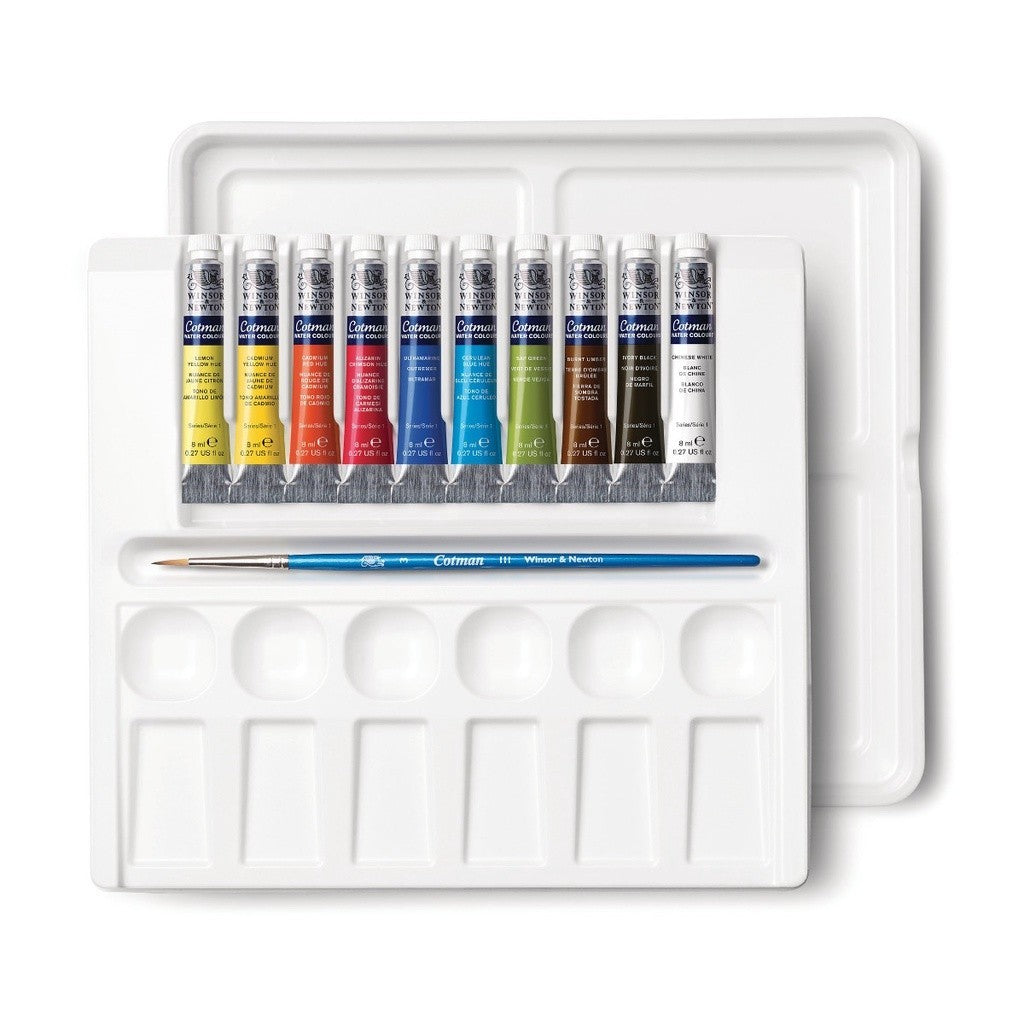 Winsor & Newton Cotman 10 Watercolour 8ml Tube | Palette Set & Brush | Portable Lightweight