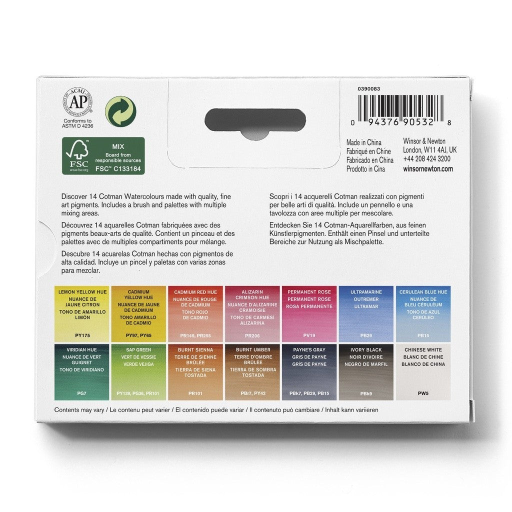 Winsor & Newton Cotman Watercolour Compact Set | 14 Half Pans + Brush | Travel Kit