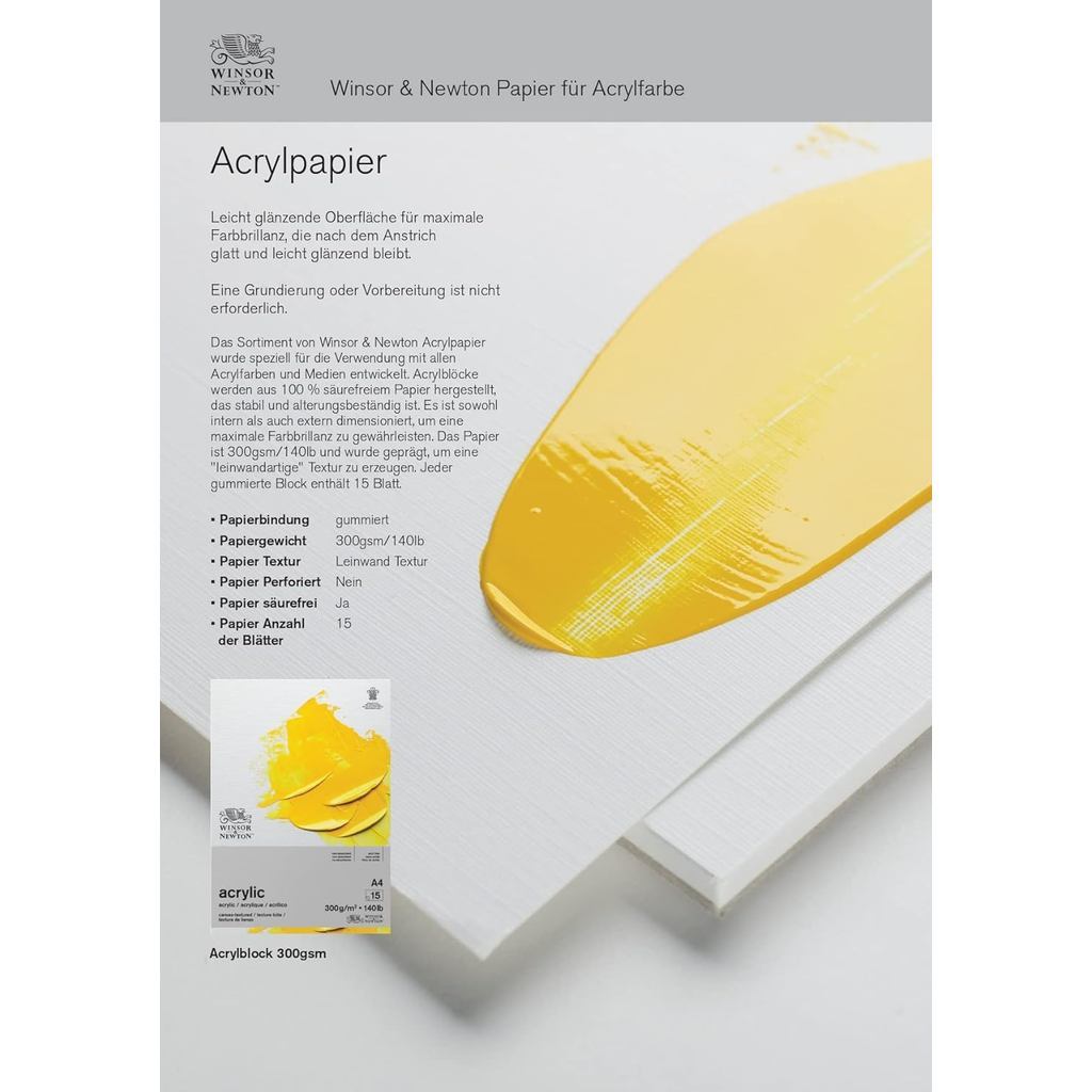 Winsor & Newton A3 Acrylic Premium Paper Pad | 300gsm 15 Sheets | Canvas Texture | Made in Germany