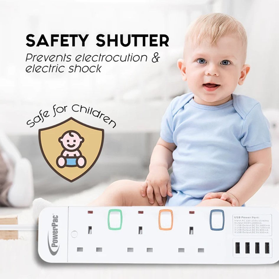 PowerPac 3 Meters Extension Wire Socket 3-6 Way | 4 USB Ports | Safety Mark Certified