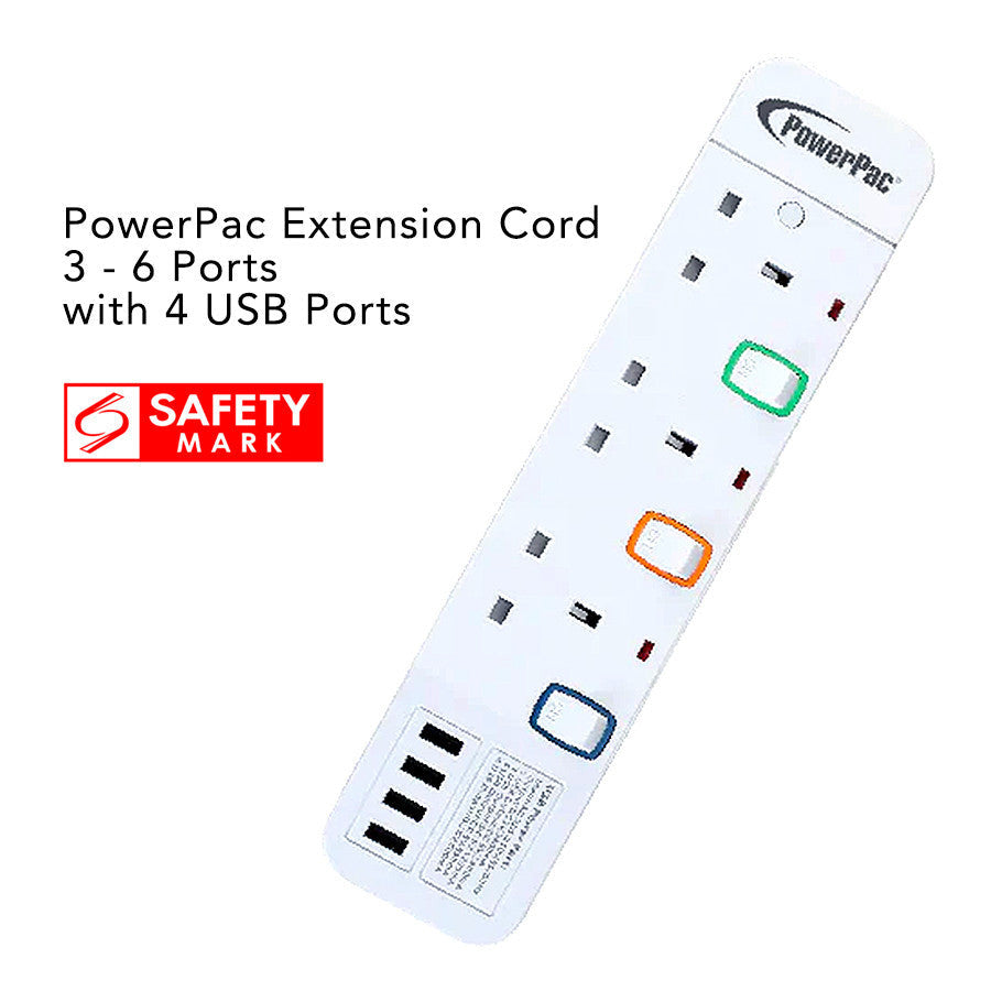 PowerPac 3 Meters Extension Wire Socket 3-6 Way | 4 USB Ports | Safety Mark Certified