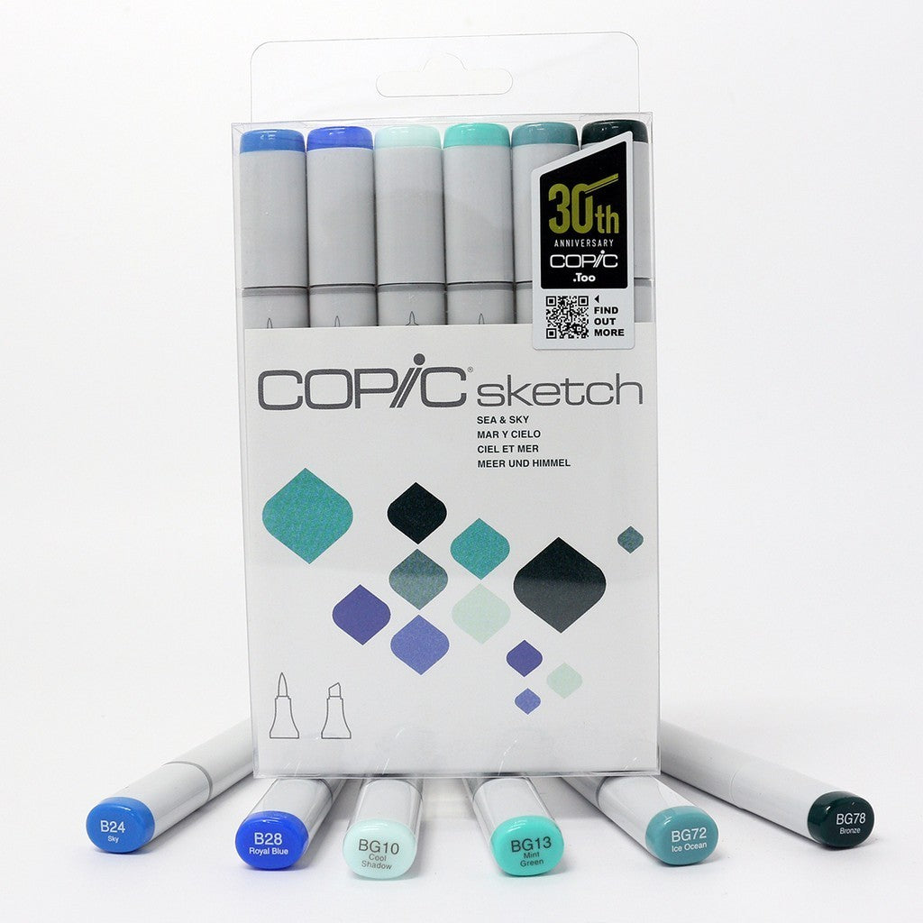 Copic Sketch 6pcs Marker Set | Blending | Pastel | Sea & Sky | Grays Alcohol Brush Markers