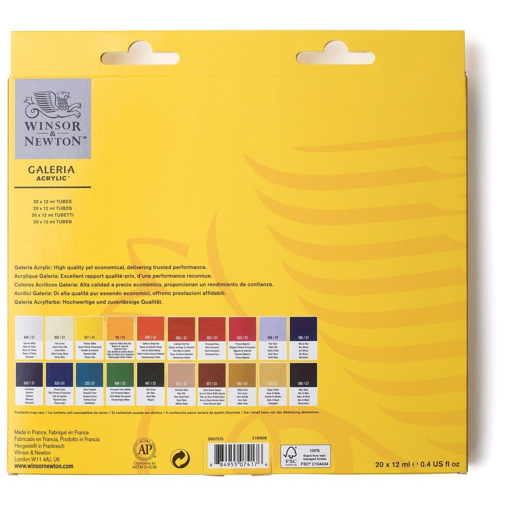 Winsor & Newton Galeria 20 Acrylic Paint Set 12ml Tubes | Essential Colours Vibrant Complete
