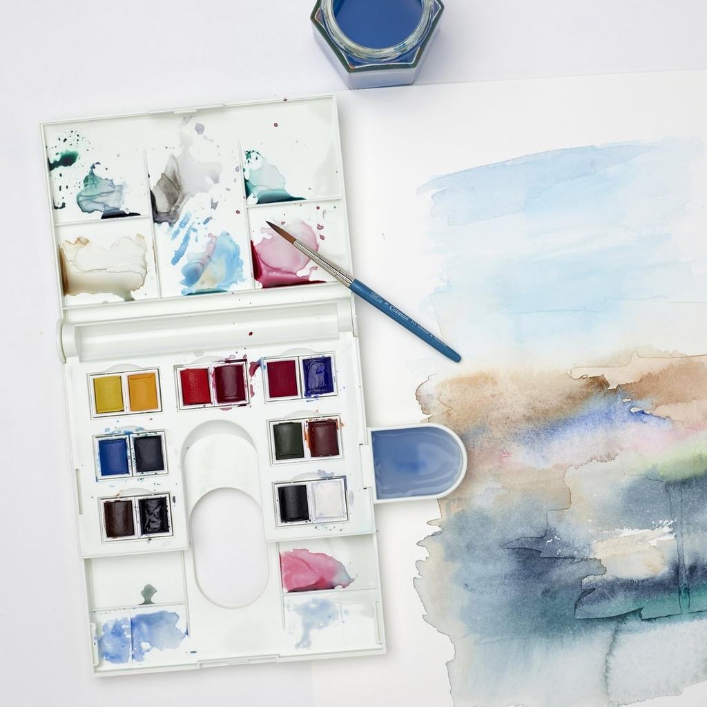 Winsor & Newton Cotman Watercolour Compact Set | 14 Half Pans + Brush | Travel Kit