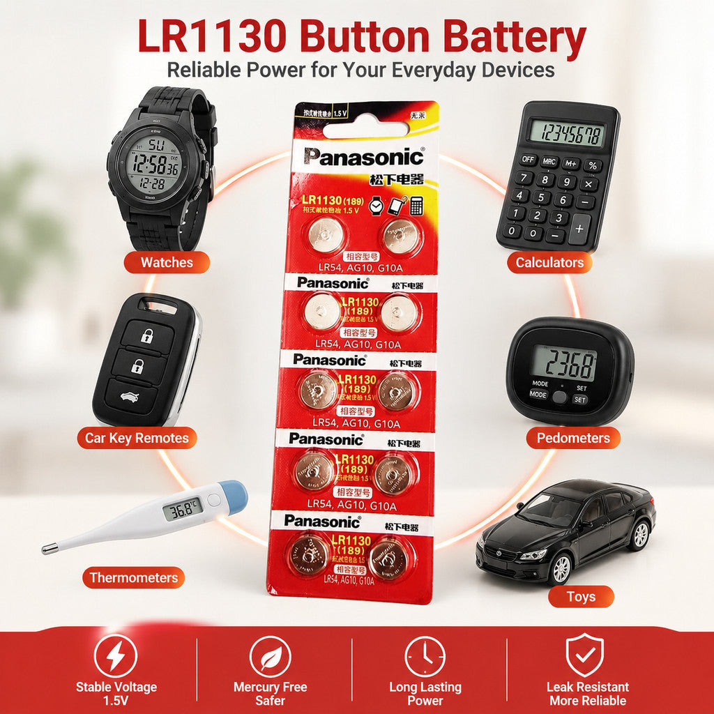 Panasonic LR1130 AG10 1.5V Alkaline Button Pack of 5 | Cell Battery for Watch Calculator Toy