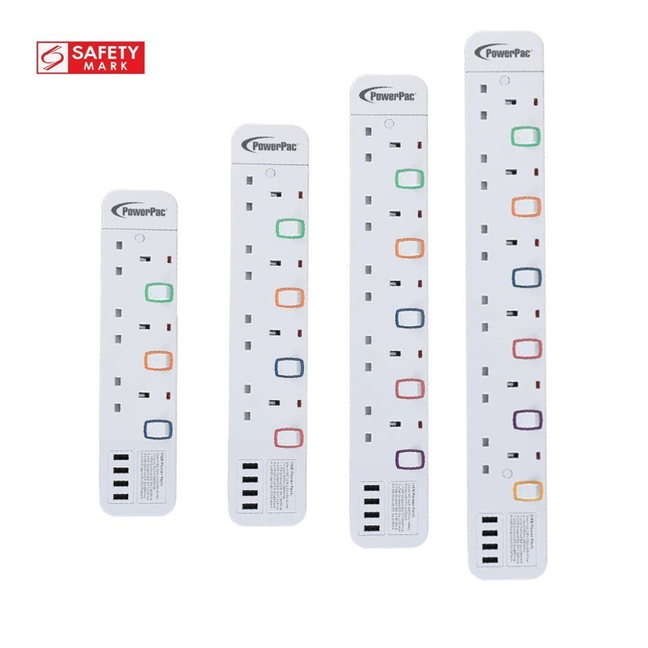 PowerPac 3 Meters Extension Wire Socket 3-6 Way | 4 USB Ports | Safety Mark Certified