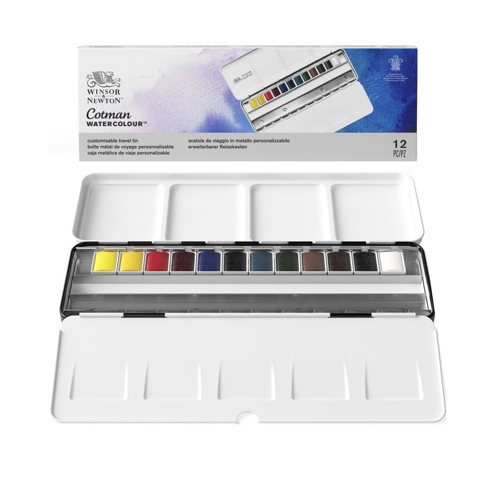 Winsor & Newton Cotman Watercolour 12 Half Pans Metal | Travel Tin Set | Portable Lightweight