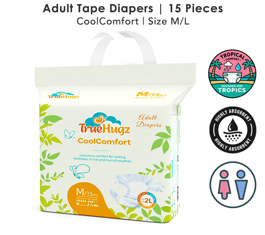 Premium Adult Tape Diapers 15pcs | CoolComfort by TrueHugz | Ultra-Thin High Absorbency Leak Proof