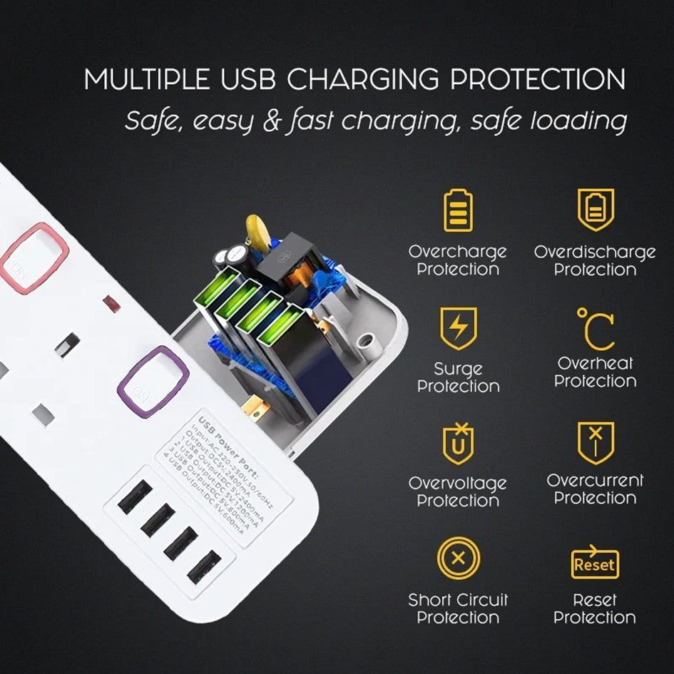 PowerPac 3 Meters Extension Wire Socket 3-6 Way | 4 USB Ports | Safety Mark Certified
