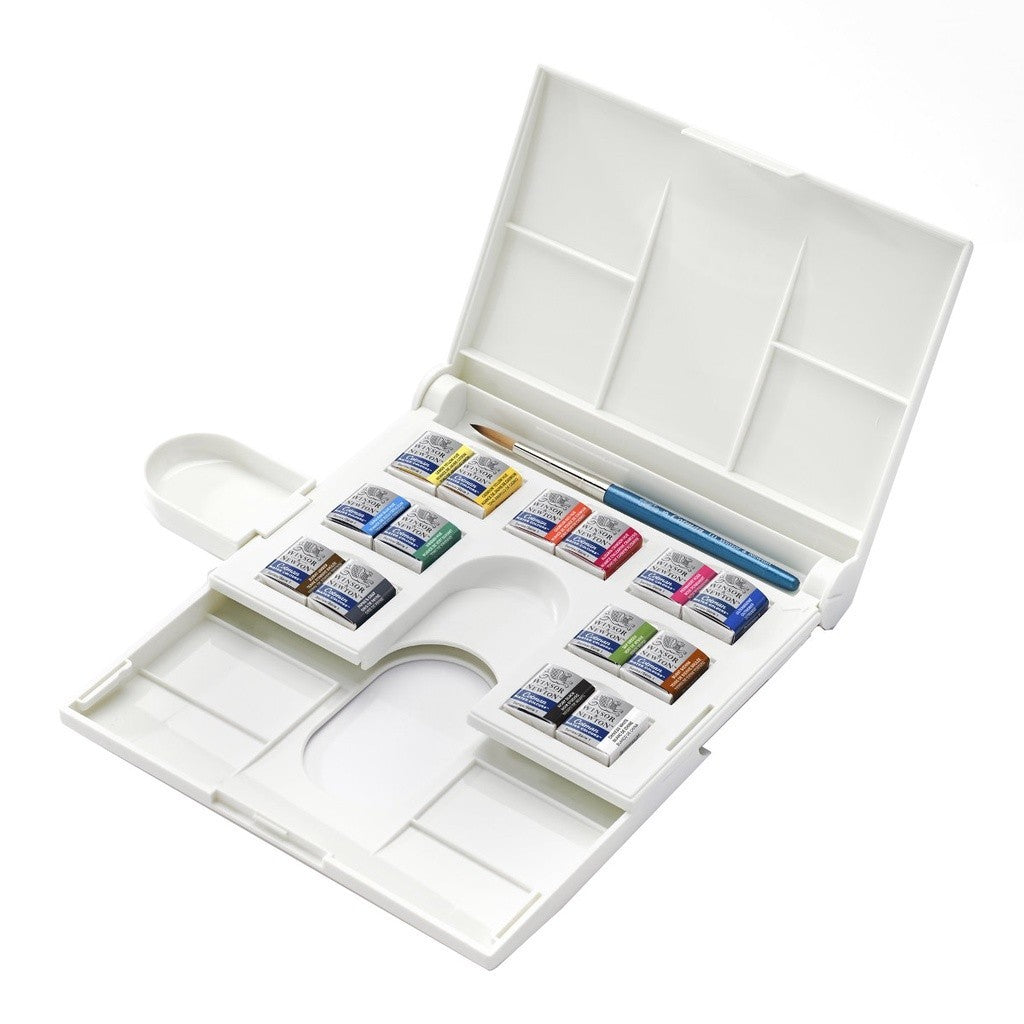 Winsor & Newton Cotman Watercolour Compact Set | 14 Half Pans + Brush | Travel Kit
