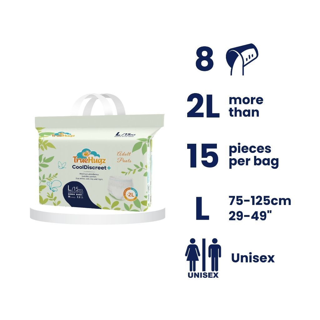 Premium Adult Pull-Up Diapers 15pcs | CoolDiscreet+ by TrueHugz | Overnight High Absorbency | Ultra-Thin