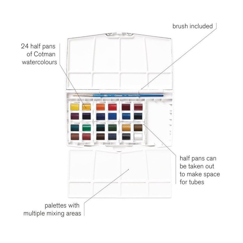 Winsor & Newton Cotman Watercolour 24 Colours Travel Set | Half Pans & Brush | Portable