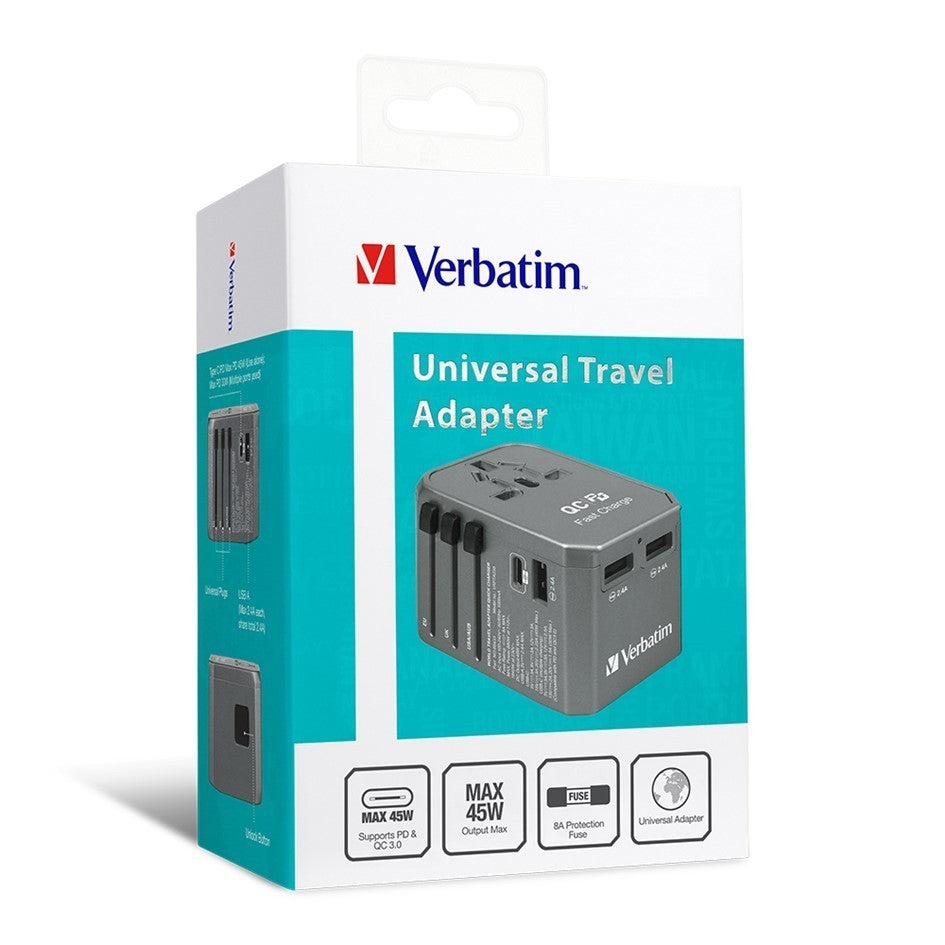 Verbatim 45W Universal Travel Adapter 4 USB Ports including USB-C [EU/UK/US/AU Plug]
