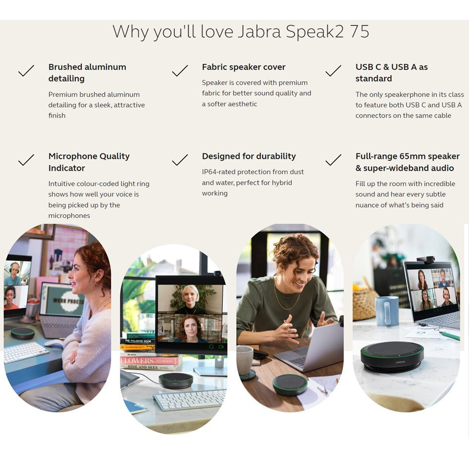 Jabra Speak2 75 Wireless MS Speakerphone [USB-A/C] Bluetooth 8 Mics 32Hr Battery
