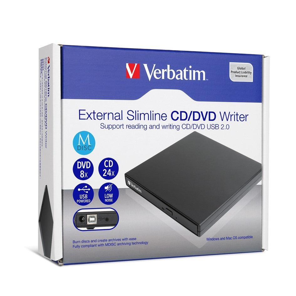 Verbatim External Slim CD DVD Writer USB 2.0 Portable Disk Burner