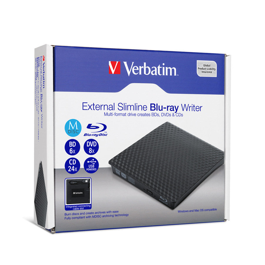 Verbatim External Slim Blu-ray Writer with USB-C/A BD DVD CD Burner Portable Drive