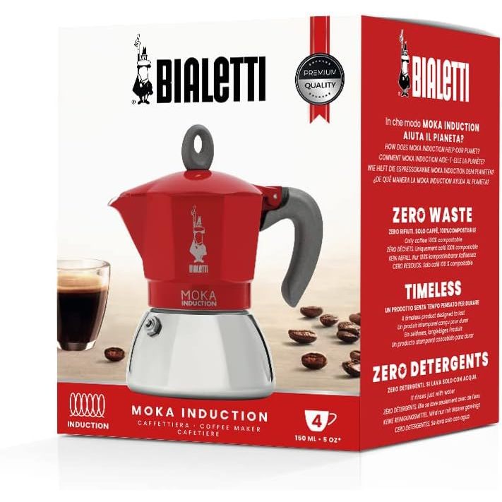 Bialetti Moka Induction Stovetop Coffee Maker, 4 Cups (150ml of Coffee) – Red