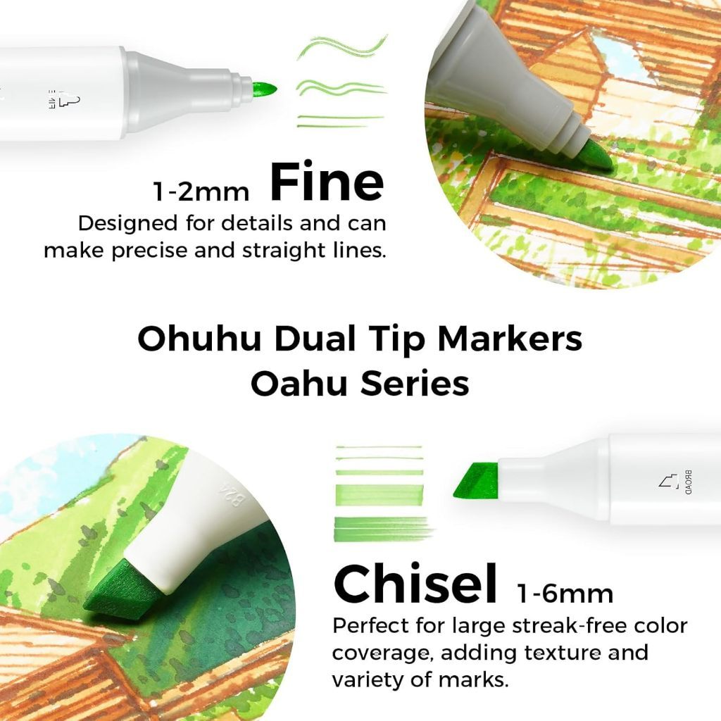 Ohuhu Oahu Series Alcohol Markers – Fine & Chisel Tip Dual-End Art Marker Set for Artists