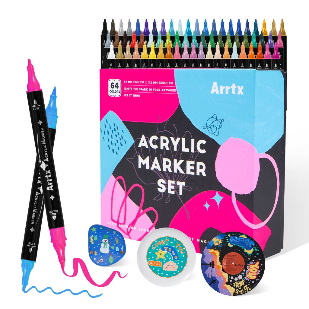 Arrtx 64 Colors Acrylic Paint Markers – Dual-Tip Paint Pen Set (Brush & Fine Tip)