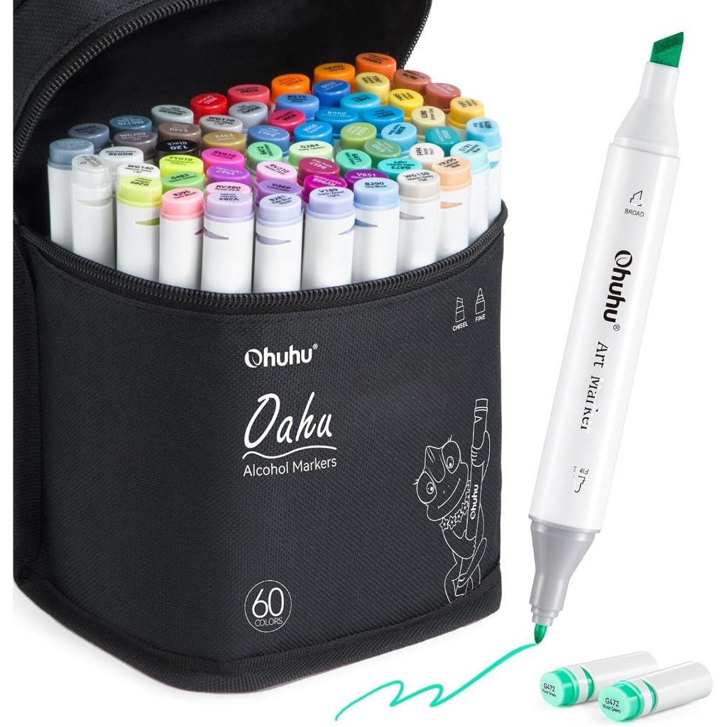 Ohuhu Oahu 60 Dual-Tip Alcohol Markers – Fine & Chisel Art Marker Set with Blender + Carry Case