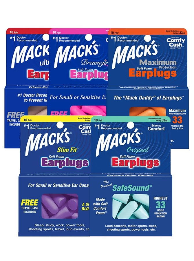 Mack’s Earplugs [10 Pairs] Soft Foam | Sleep, Snoring & High NRR Noise Protection | Various Types