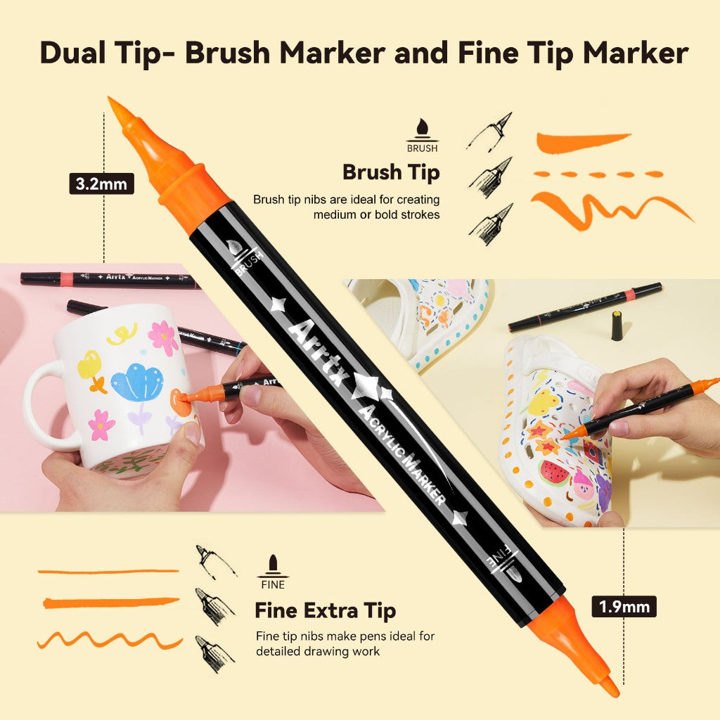 Arrtx 64 Colors Acrylic Paint Markers – Dual-Tip Paint Pen Set (Brush & Fine Tip)