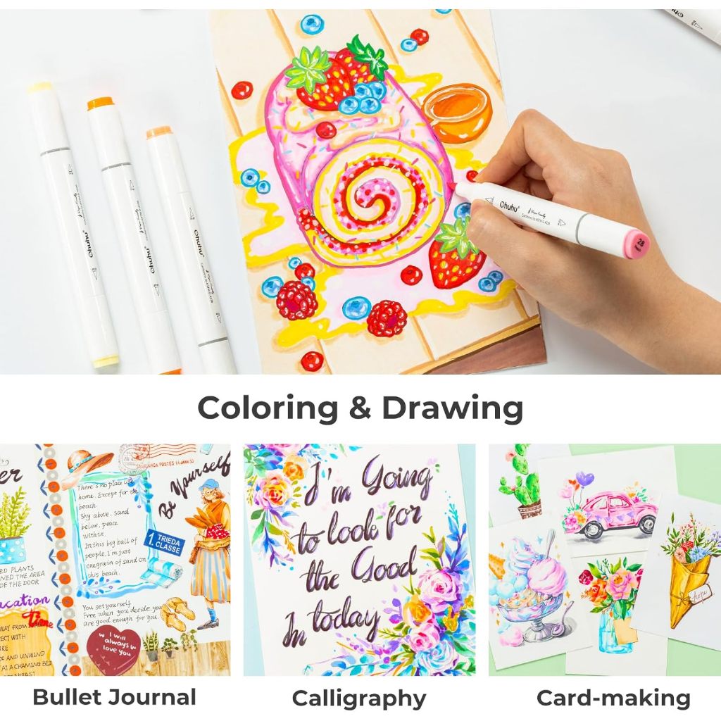 Ohuhu 60 Colors Brush & Fine Tip Marker Box Set — Water Based, Paper-Friendly, Non-Bleed