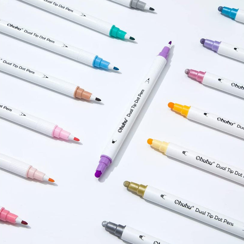 Ohuhu Dual Tip Dot Markers — 15-Color Set (Fine & Dot Tips) for Journaling, Scrapbooking & Art