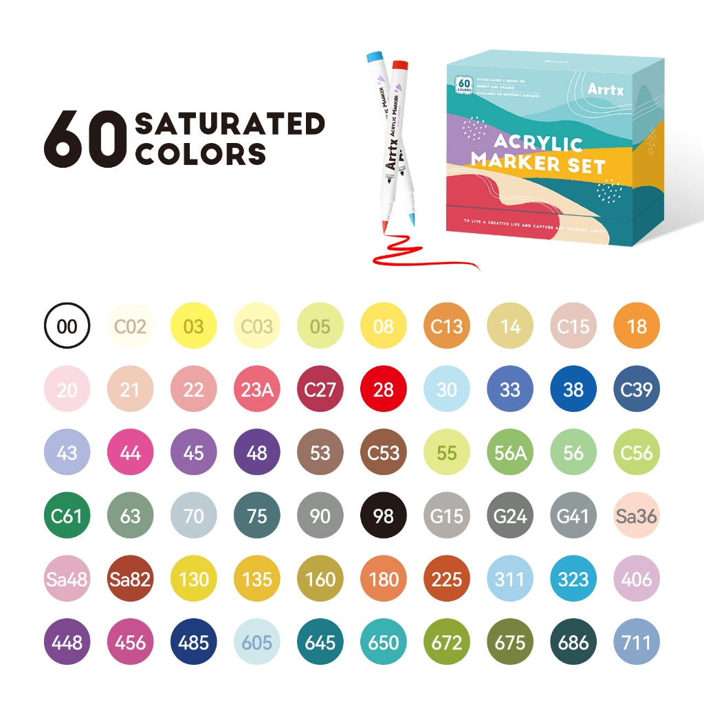 Arrtx 60 Colors Acrylic Marker Brush Tip Set C