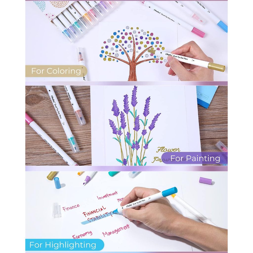 Ohuhu Dual Tip Dot Markers — 15-Color Set (Fine & Dot Tips) for Journaling, Scrapbooking & Art