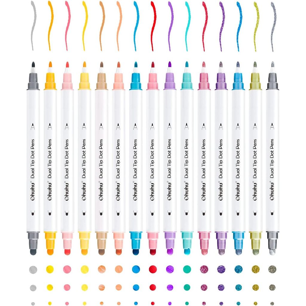 Ohuhu Dual Tip Dot Markers — 15-Color Set (Fine & Dot Tips) for Journaling, Scrapbooking & Art