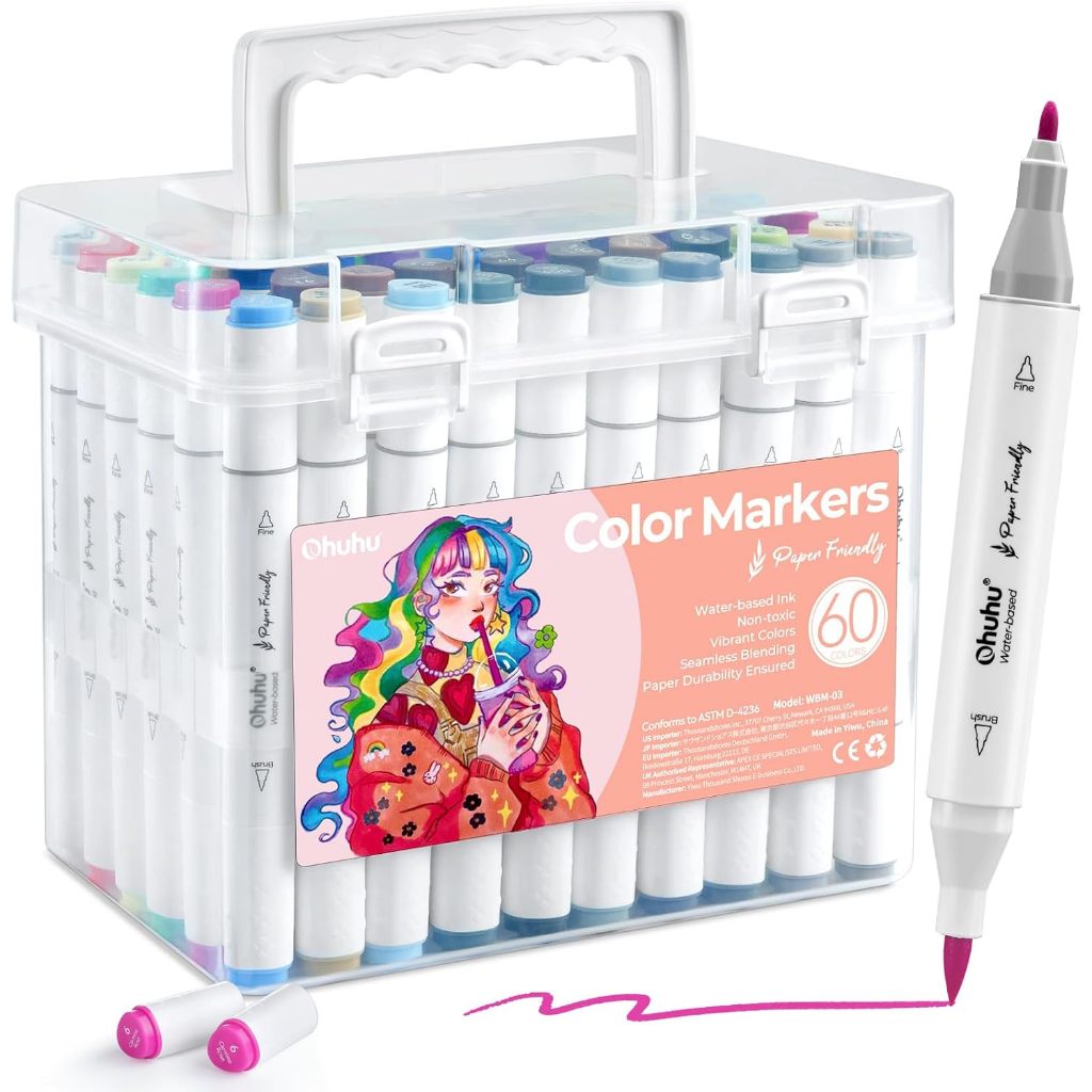Ohuhu 60 Colors Brush & Fine Tip Marker Box Set — Water Based, Paper-Friendly, Non-Bleed