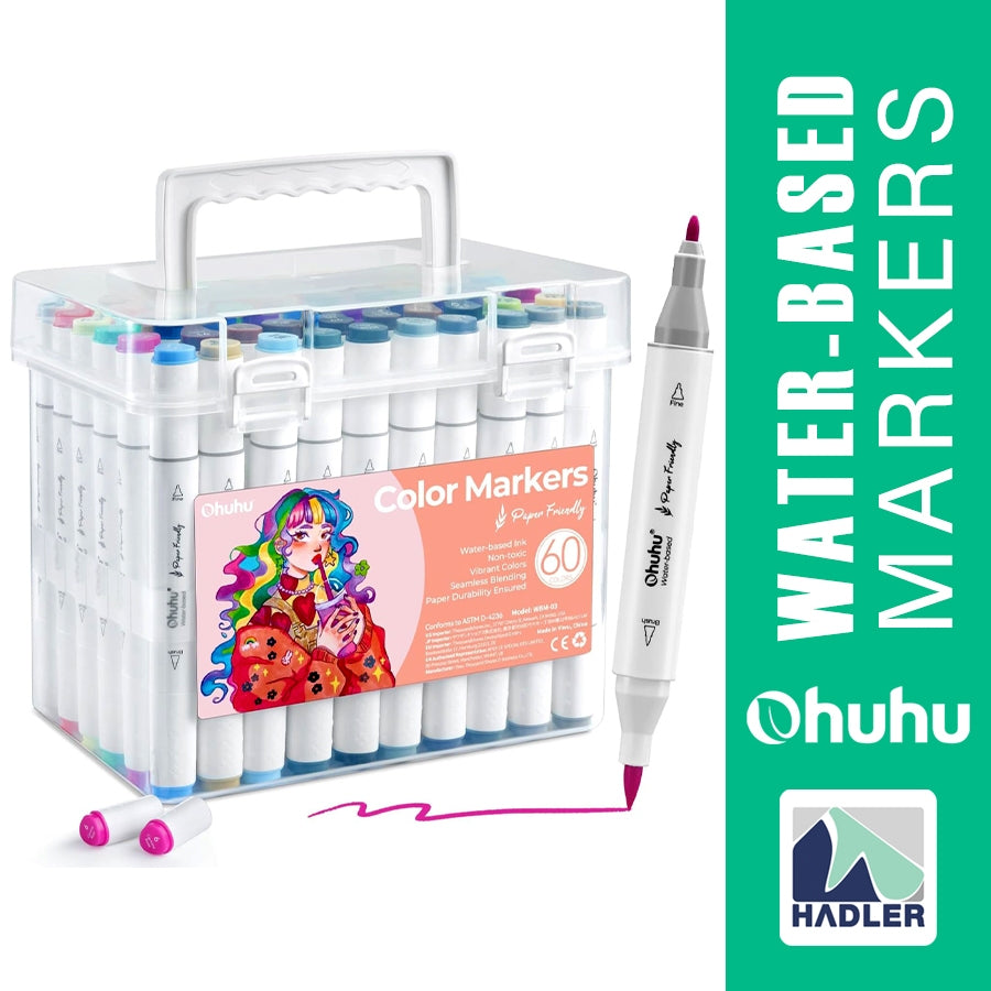 Ohuhu 60 Colors Brush & Fine Tip Marker Box Set — Water Based, Paper-Friendly, Non-Bleed