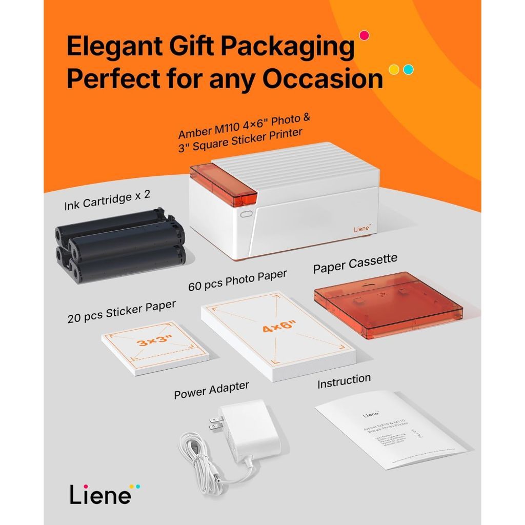 Liene Amber M110 Desktop Photo Printer Bundle | Bluetooth Connect | 80 Sheets Print Paper 2 Cartidges