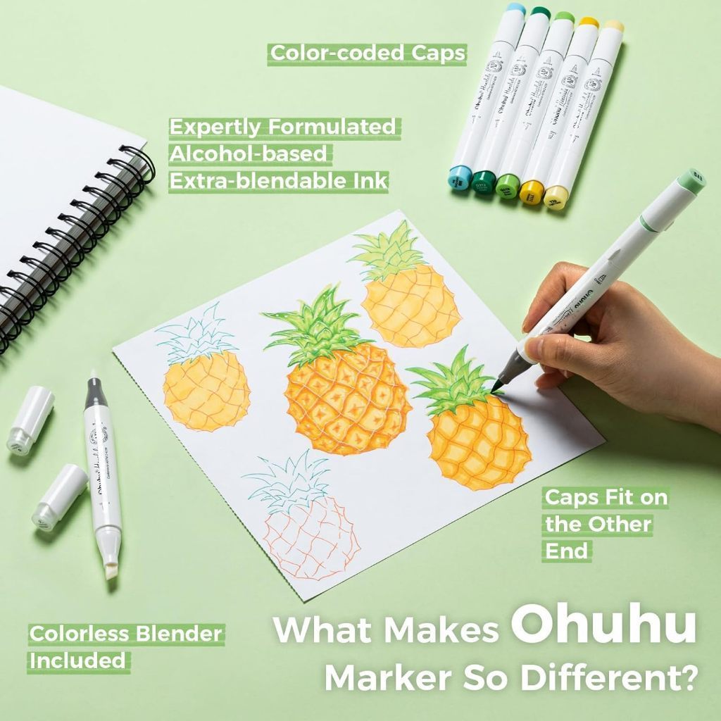 Ohuhu Honolulu Series 24 Alcohol Markers – Brush & Chisel Tip Dual-End Art Marker Set for Artists