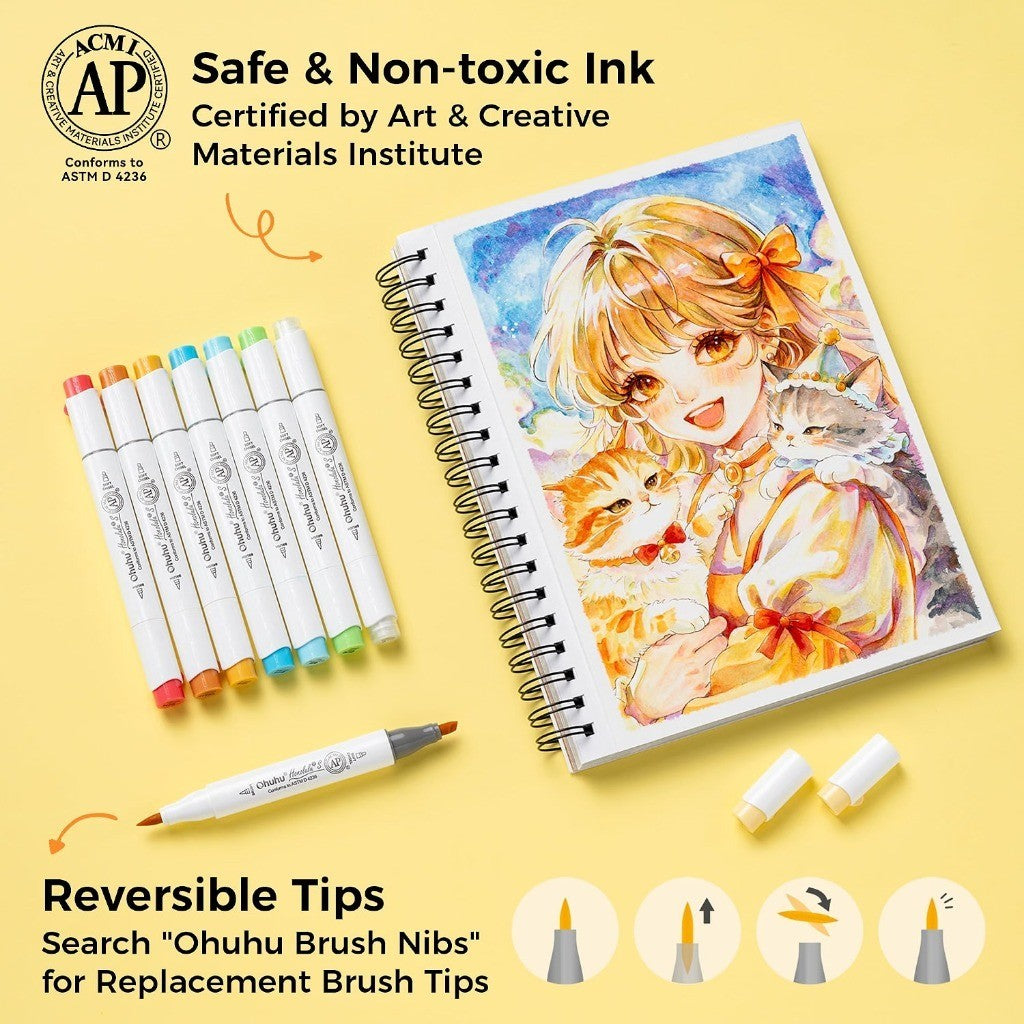 Ohuhu Honolulu 2S Series Alcohol Markers – Brush & Soft Chisel Tip Dual-End Art Marker Set for Artists