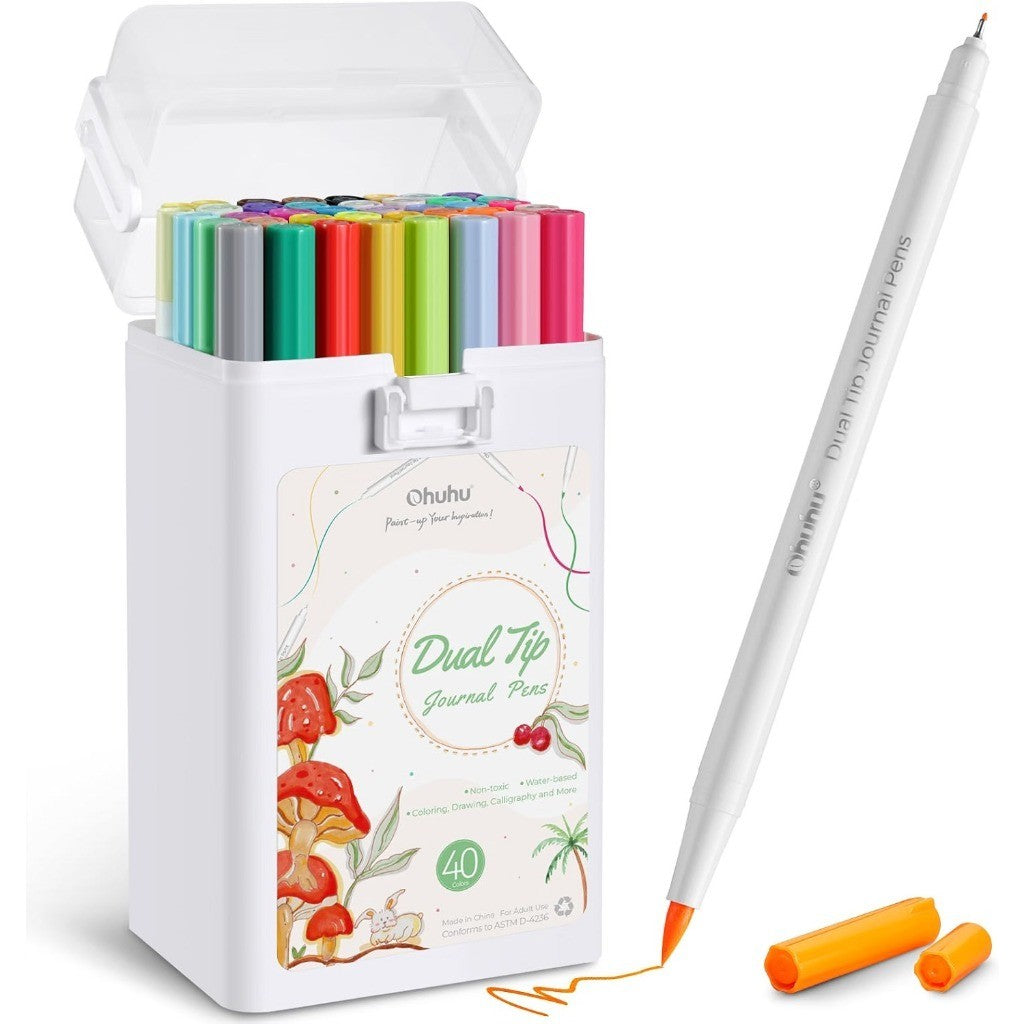 Ohuhu 40 Colors Dual Tip Brush & Fineliner Markers | Water-Based Journal Pens Set