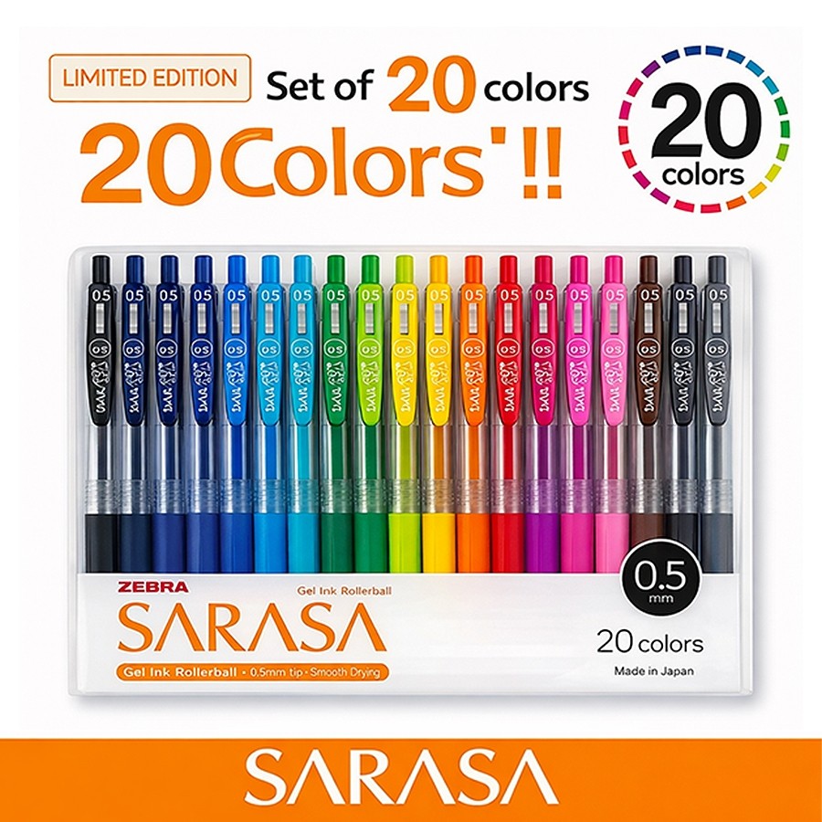 Zebra Sarasa Clip Gel Pen 0.5mm 20 Colours Set – Smooth Writing, Retractable, Binder Clip