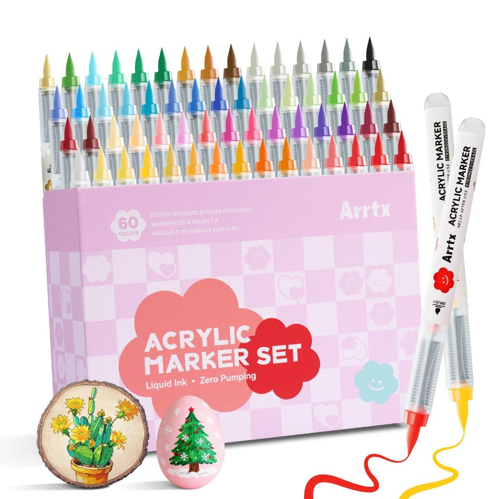 Arrtx 60 Acrylic Paint Markers Brush Tip & Liquid Ink (For Anime, Drawing & DIY Crafts)