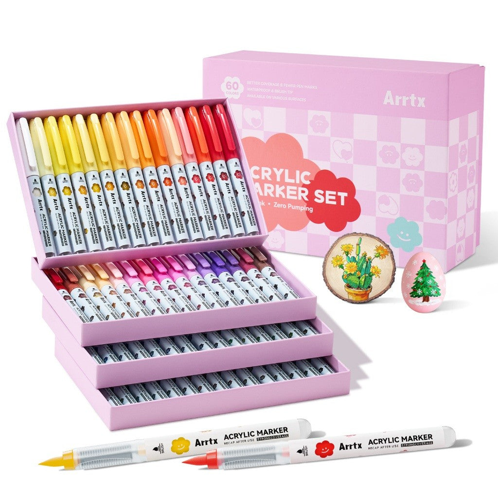 Arrtx 60 Acrylic Paint Markers Brush Tip & Liquid Ink (For Anime, Drawing & DIY Crafts)