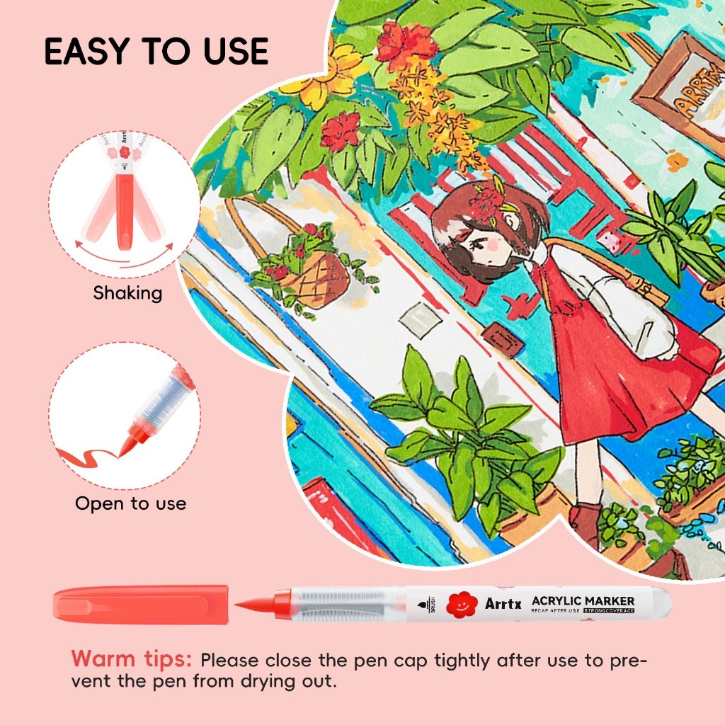 Arrtx 60 Acrylic Paint Markers Brush Tip & Liquid Ink (For Anime, Drawing & DIY Crafts)